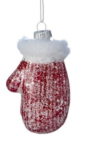 4" GLASS SUGARED MITTEN ORNAMENT RED