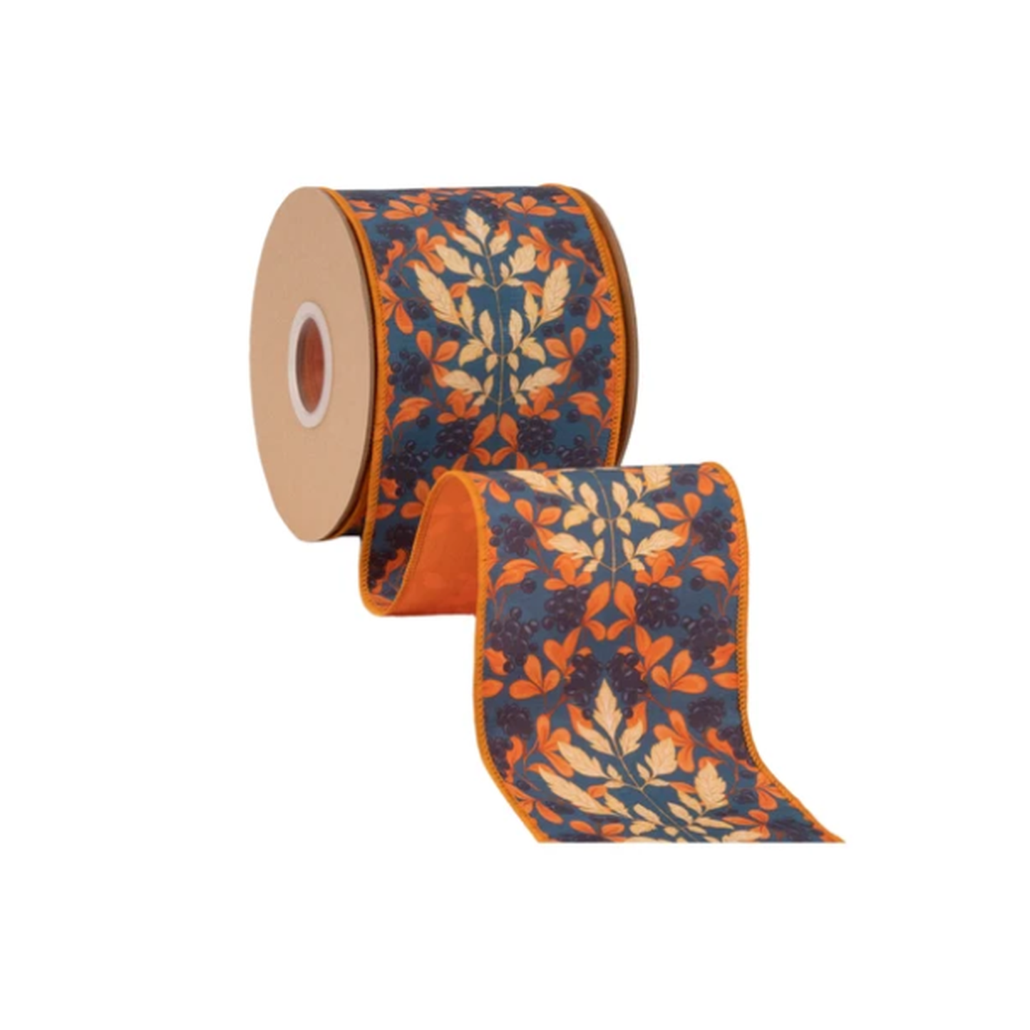 4" Wired Dupioni Ribbon | Orange and Cream Flame Print on Blue