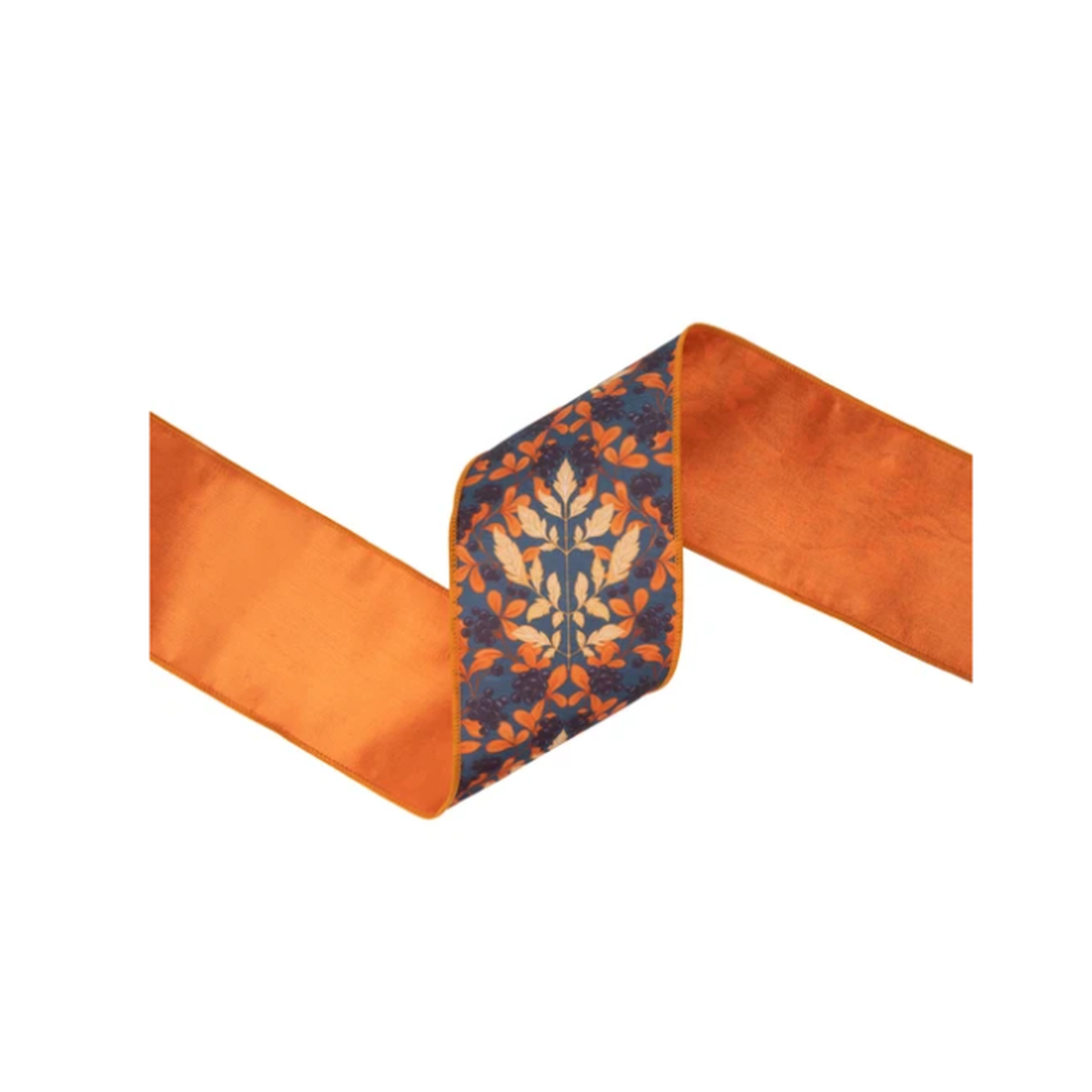 4" Wired Dupioni Ribbon | Orange and Cream Flame Print on Blue