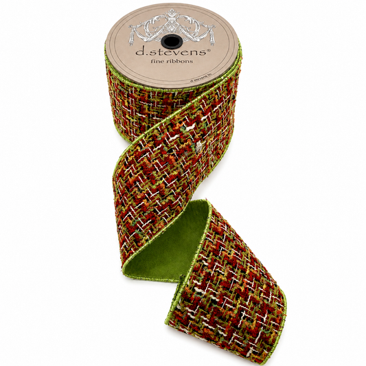 4” x 10yds boucle/dupion lime/burgundy/white d.stevens