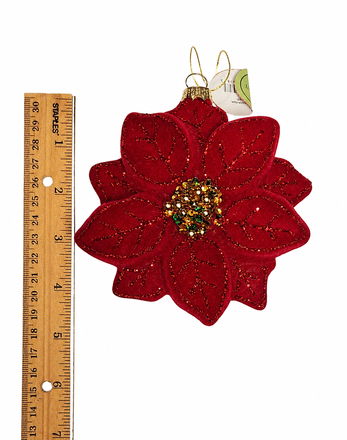 5" GLASS FLOCK BEADED PEARL POINSETTIA ORNAMENT