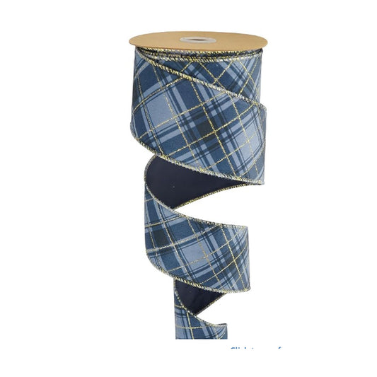 2.5" X 10 YD Blue and Gold Velvet Plaid Ribbon