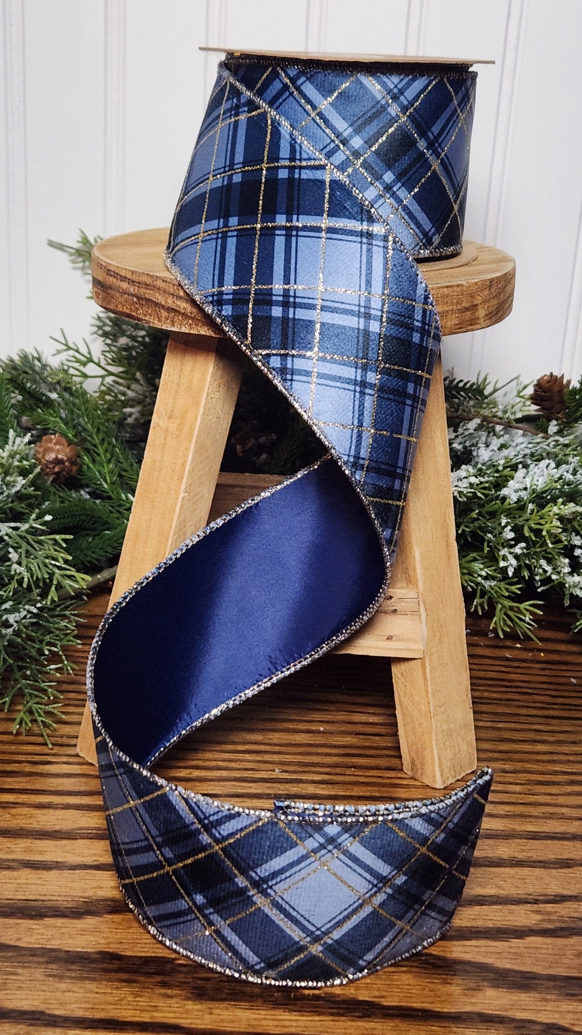 2.5" X 10 YD Blue and Gold Velvet Plaid Ribbon