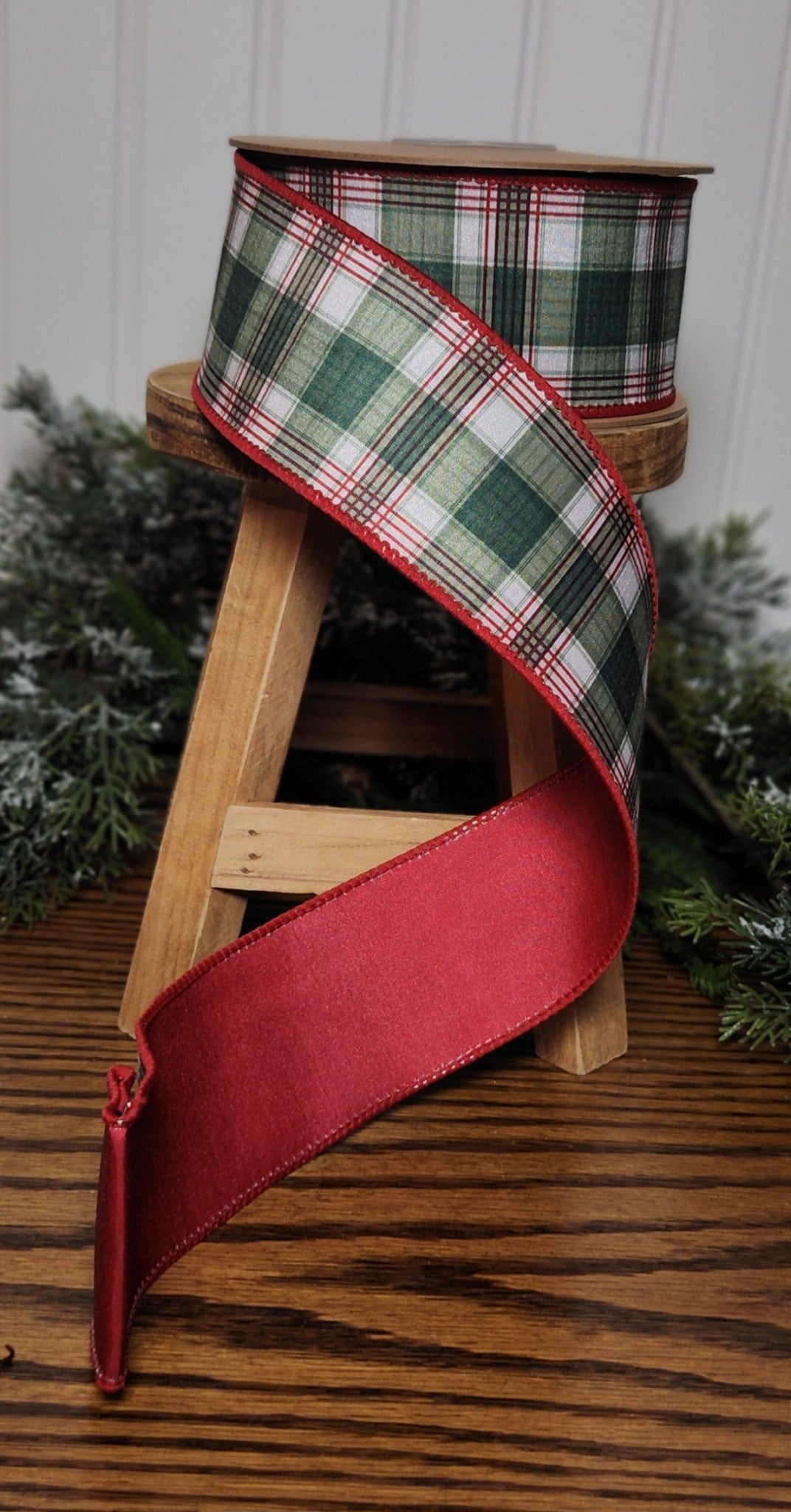 2 1/2" Wired Reversible Dupioni | Red/Green Plaid with Red Backing