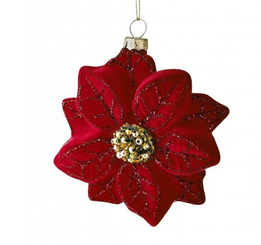 5" GLASS FLOCK BEADED PEARL POINSETTIA ORNAMENT