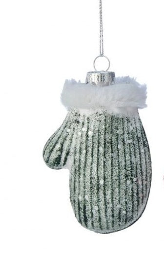 4" GLASS SUGARED MITTEN ORNAMENT GREEN