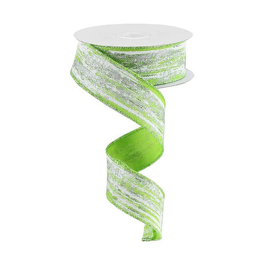 1.5" X 10 Yard Lime And Silver Glitter Metallic Streaks Ribbon