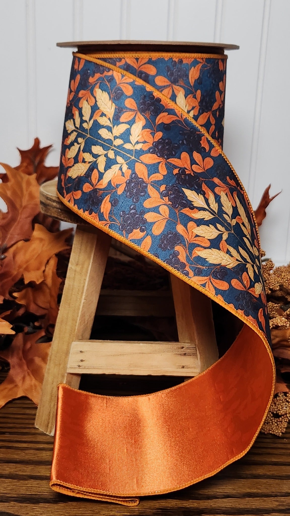 4" Wired Dupioni Ribbon | Orange and Cream Flame Print on Blue