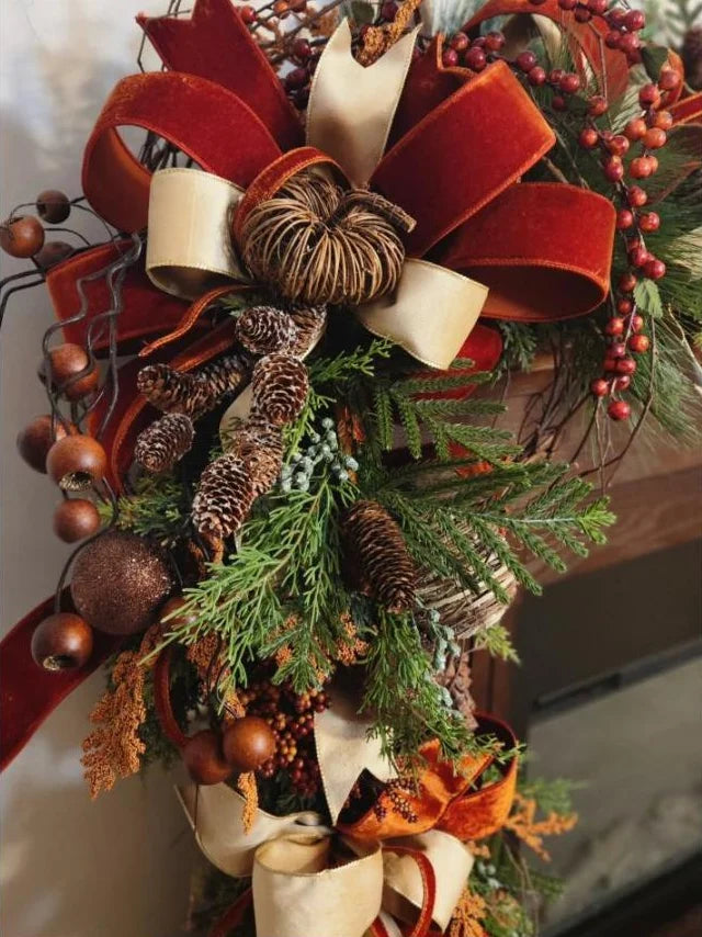 Copper velvet and ivory bow on a fall garland